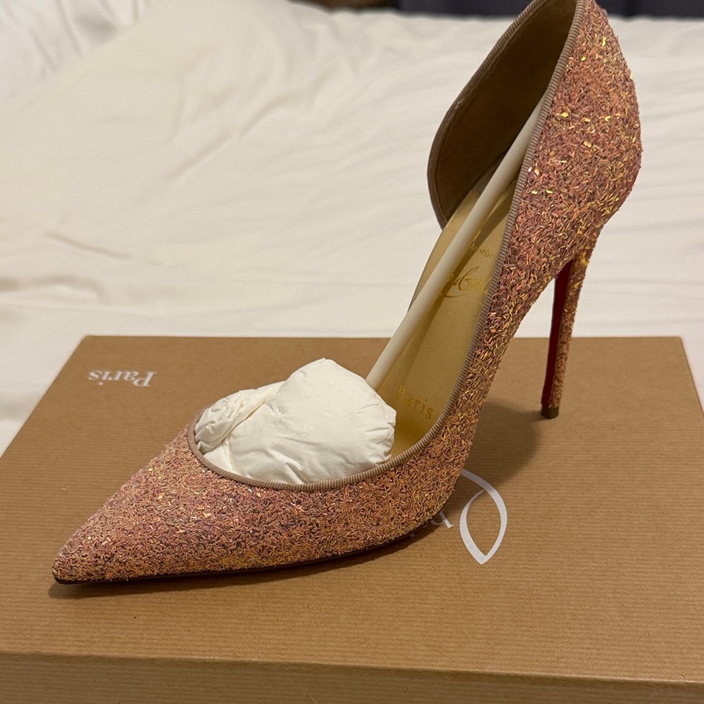 Louboutin Pink Glitter Pointed-Toe Stiletto Pump